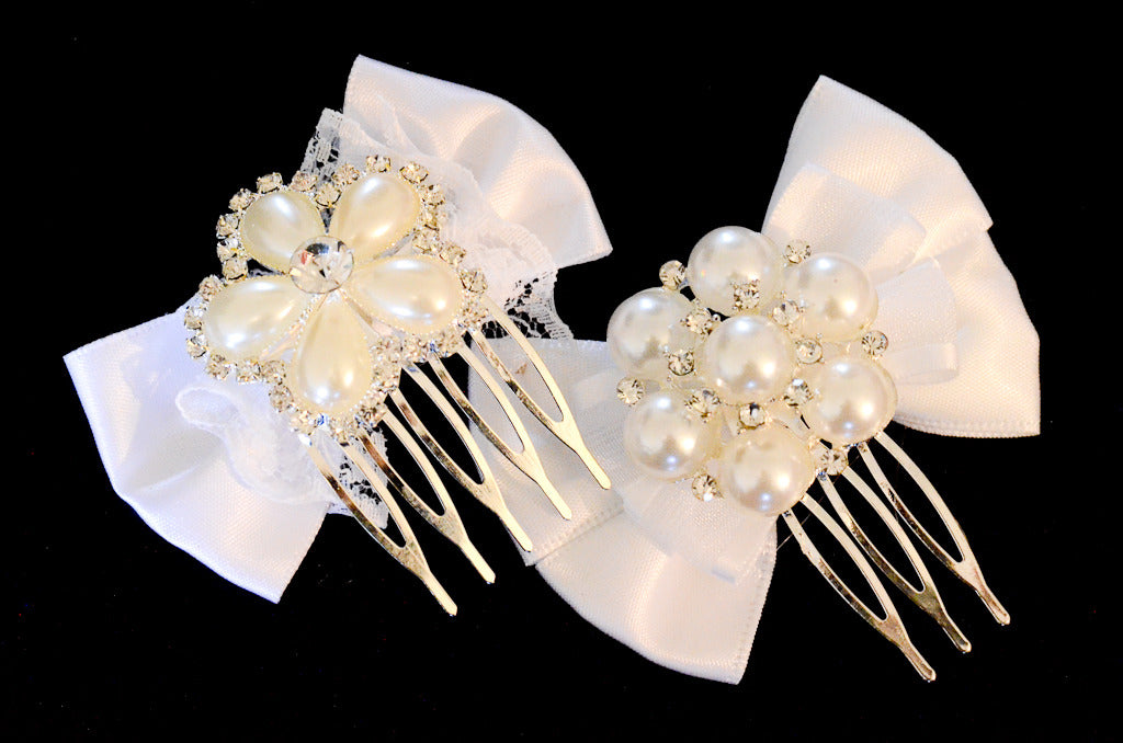 Pearls flower bow hair comb