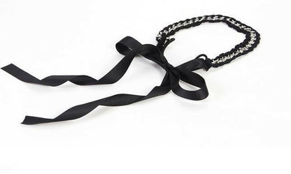 Knitted black lace silver chain elastic headband with long tails