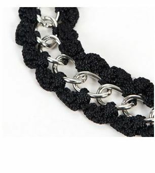 Knitted black lace silver chain elastic headband with long tails