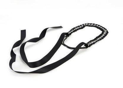 Knitted black lace silver chain elastic headband with long tails