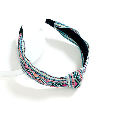 Multi-coloured embroidered knotted headband