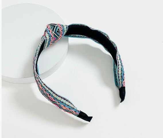 Multi-coloured embroidered knotted headband