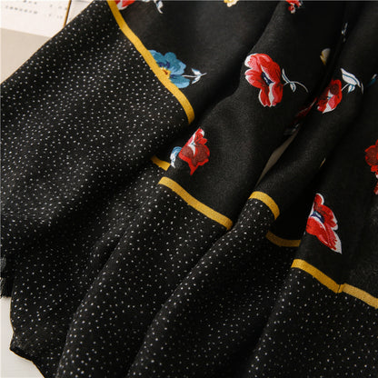Black long scarf with tassels in multicolour flowers print