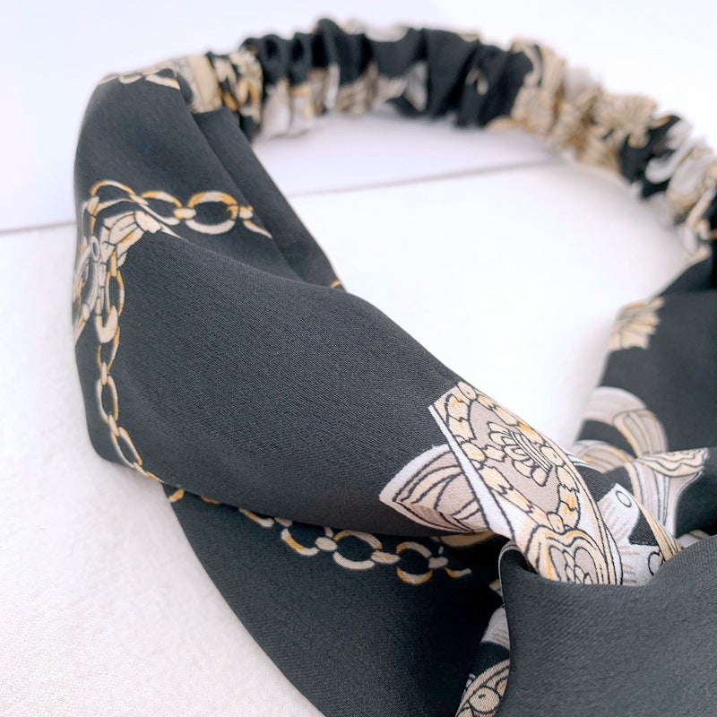 Chains patterned black chiffon elastic headband