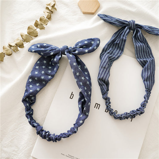 Patterned denim elastic headband with bow