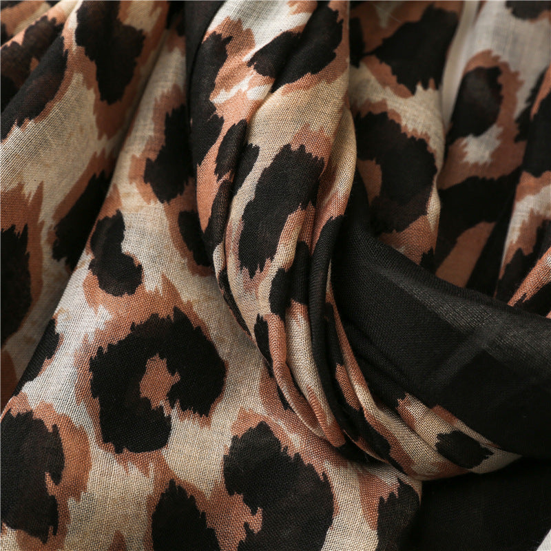 Black brown leopard print long scarf with tassels