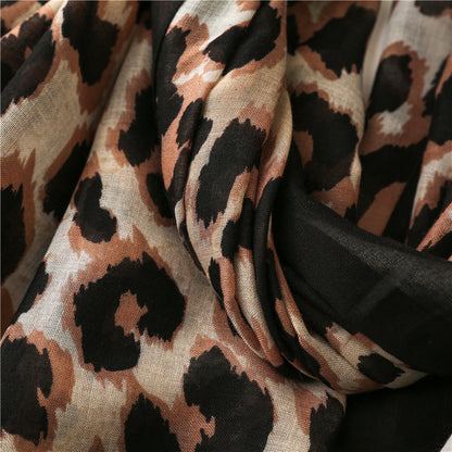 Black brown leopard print long scarf with tassels