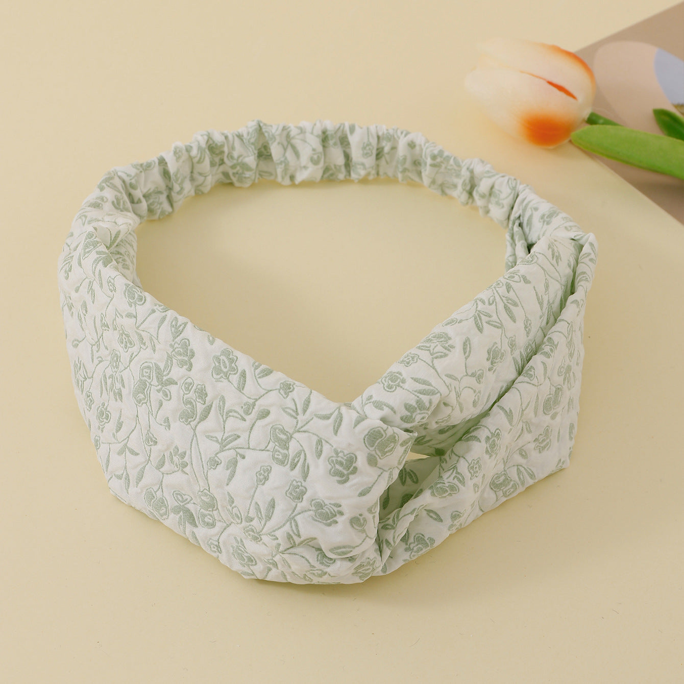 Twist top embroidery floral elastic headband