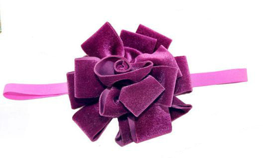 Purple velvet flower bow elastic headband