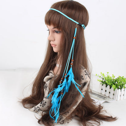 Wooden beads feather elastic headband
