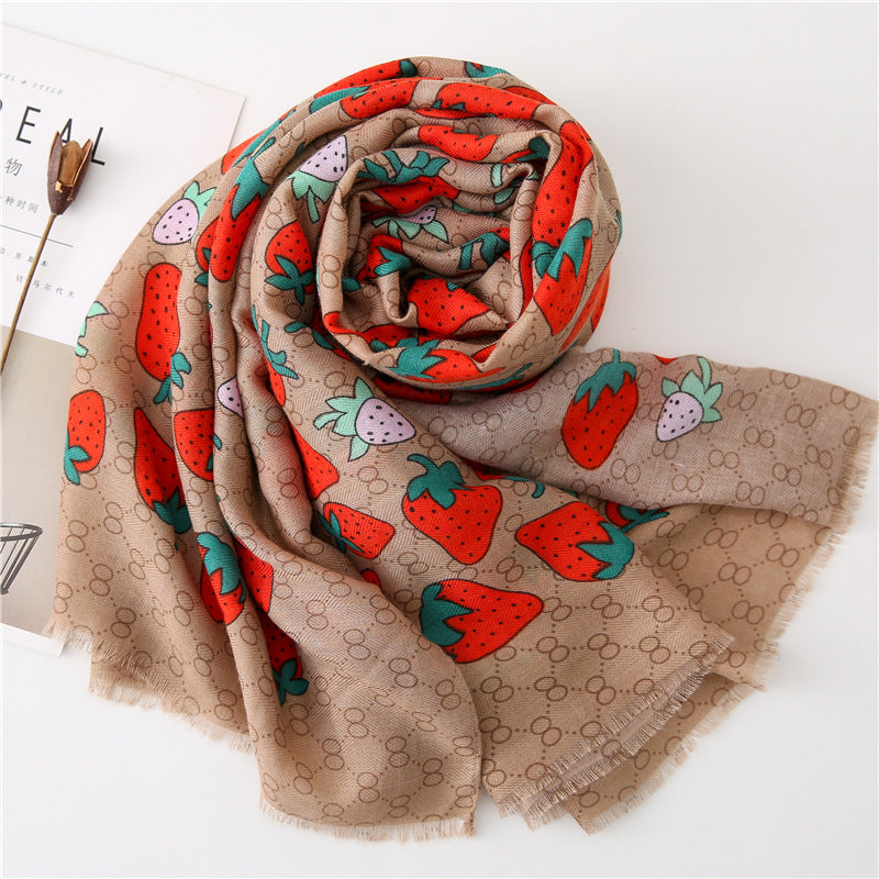 Strawberry print brown long scarf