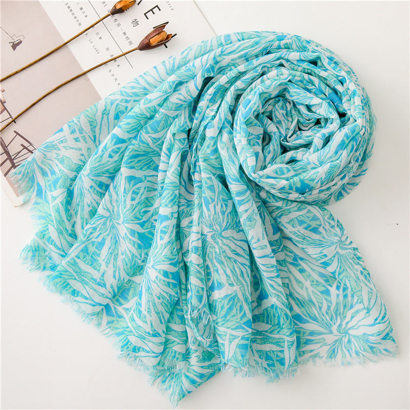 Mint green leaves prints fringed scarf