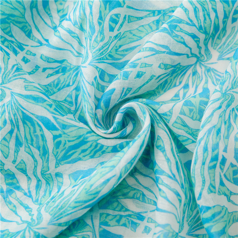Mint green leaves prints fringed scarf