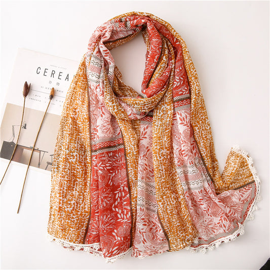 Lace fringed red brown floral print long scarf with sequins