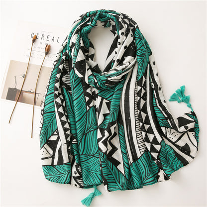 Black green large leaves print long scarf with tassels