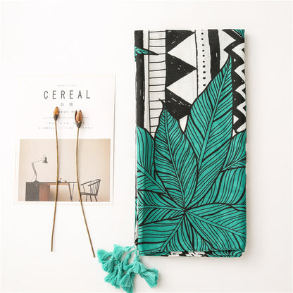 Black green large leaves print long scarf with tassels