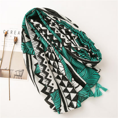 Black green large leaves print long scarf with tassels