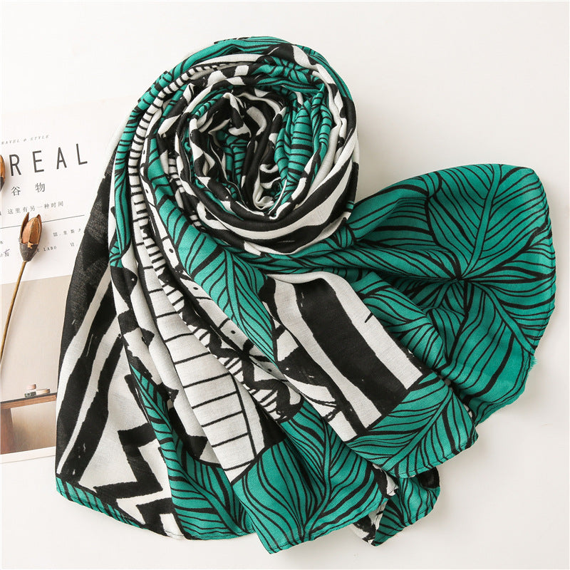 Black green large leaves print long scarf with tassels