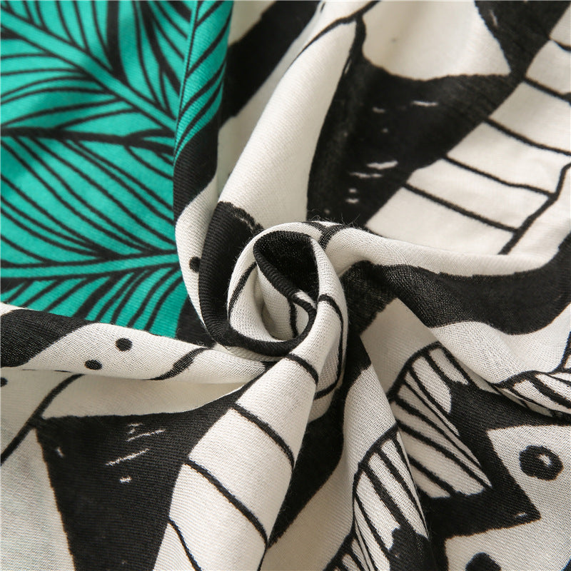 Black green large leaves print long scarf with tassels