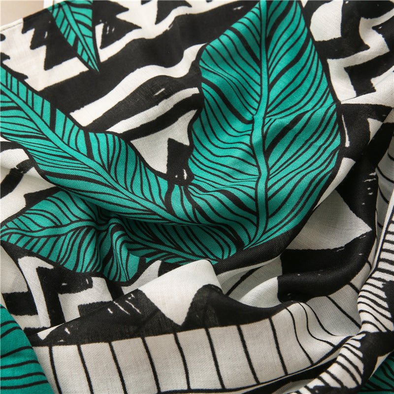 Black green large leaves print long scarf with tassels