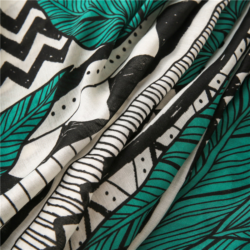 Black green large leaves print long scarf with tassels