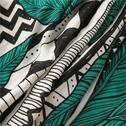 Black green large leaves print long scarf with tassels