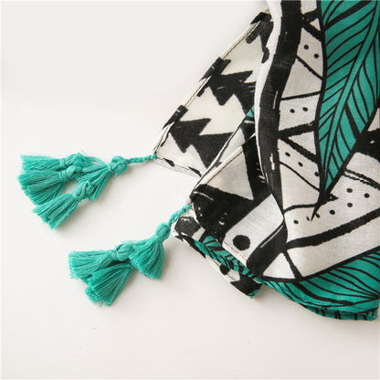 Black green large leaves print long scarf with tassels