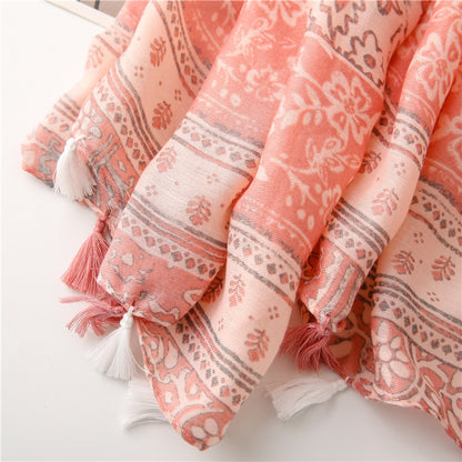 Boho floral print brown pink long scarf with tassels