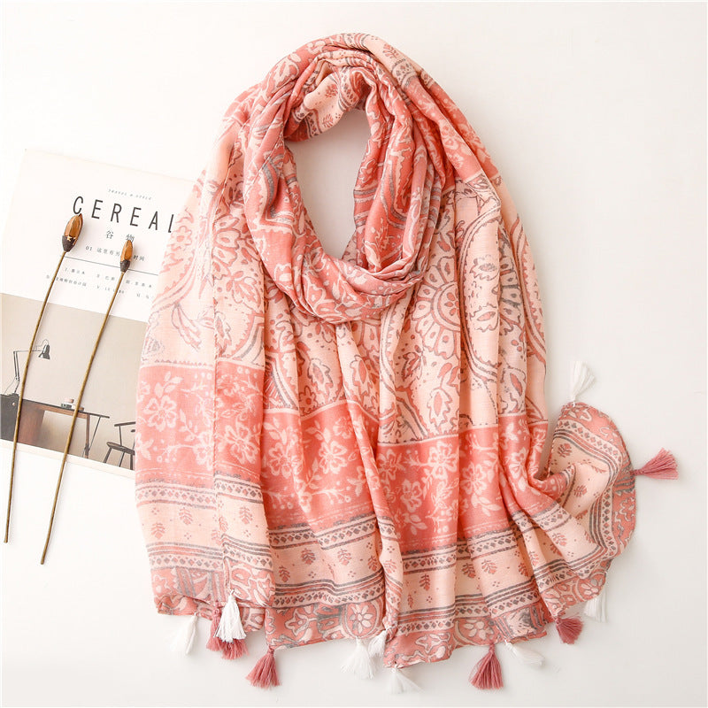 Boho floral print brown pink long scarf with tassels