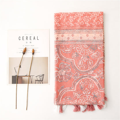 Boho floral print brown pink long scarf with tassels