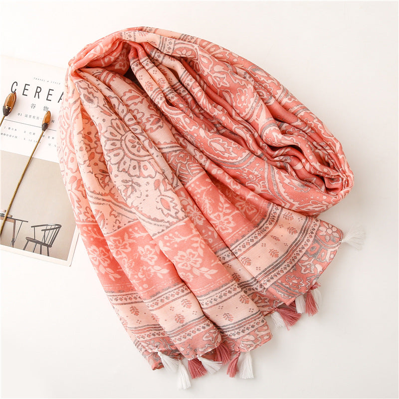 Boho floral print brown pink long scarf with tassels