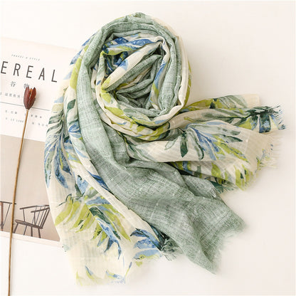 Green leaves print fringed long scarf