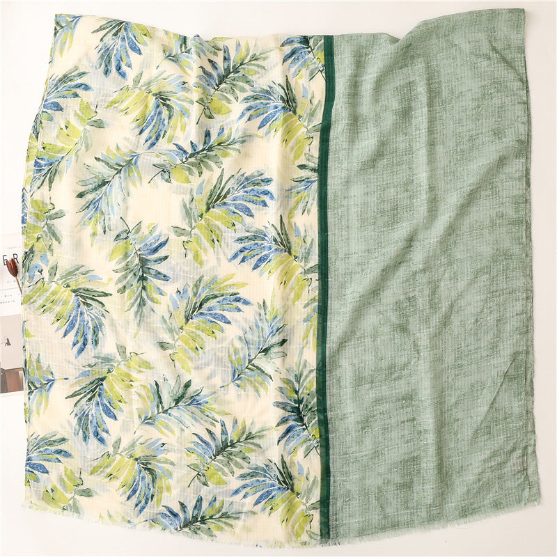 Green leaves print fringed long scarf