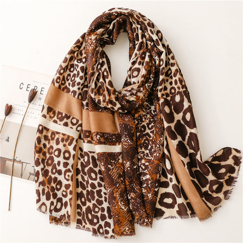 Brown striped leopard print fringed long scarf