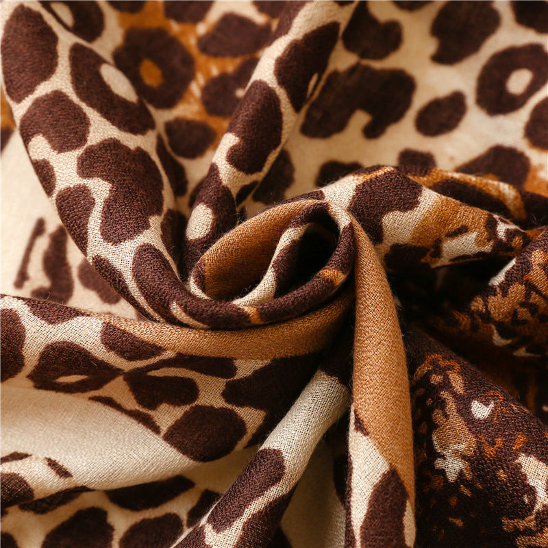 Brown striped leopard print fringed long scarf