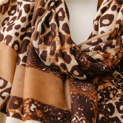 Brown striped leopard print fringed long scarf