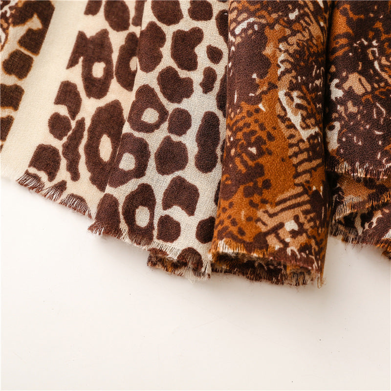 Brown striped leopard print fringed long scarf