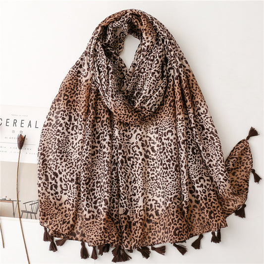 Brown coffee small cheetah print scarf with tassels