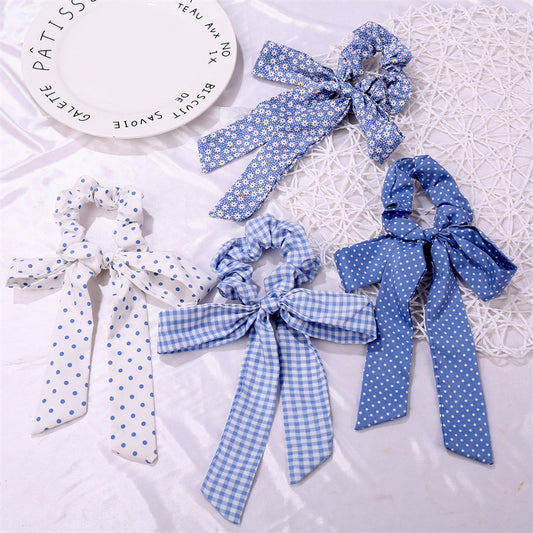 Polka dots scrunchies with bow in blue and white