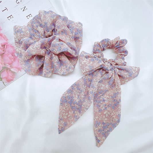Floral scrunchies in blue and lilac