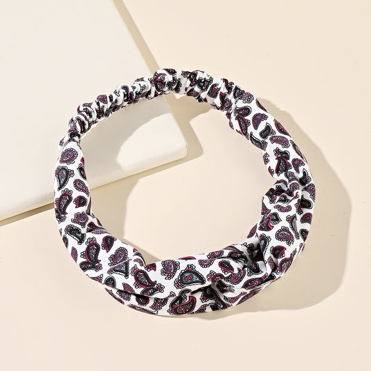Red black paisley print white elastic headband