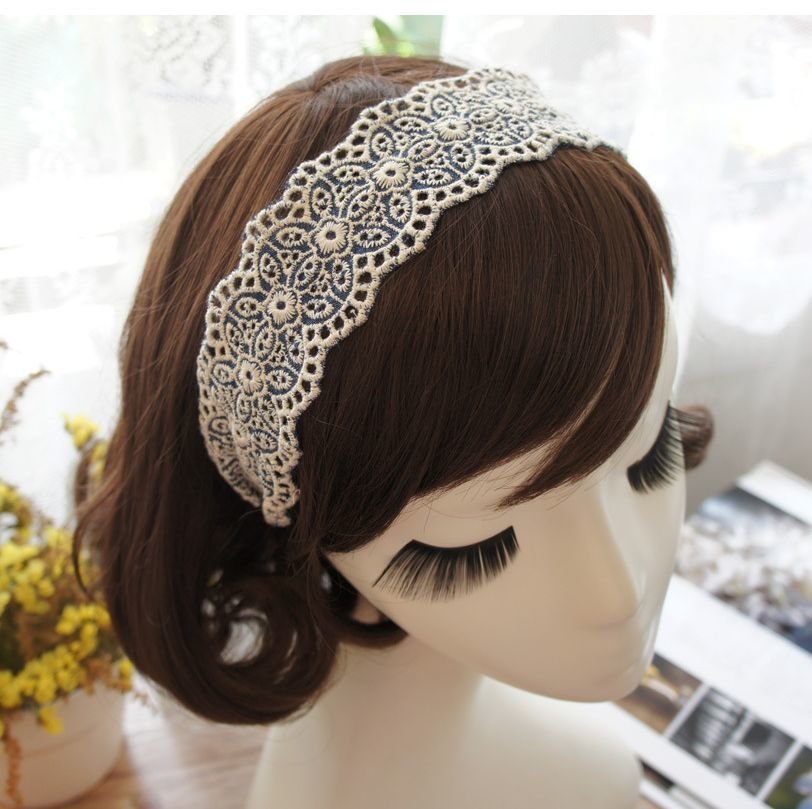 Denim blue white lace floral headband