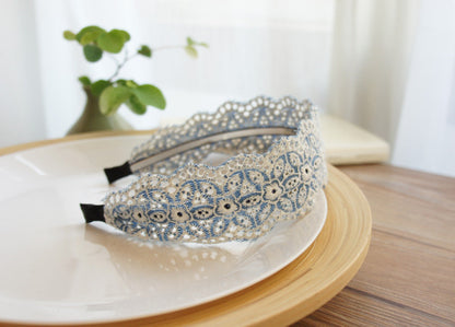 Denim blue white lace floral headband