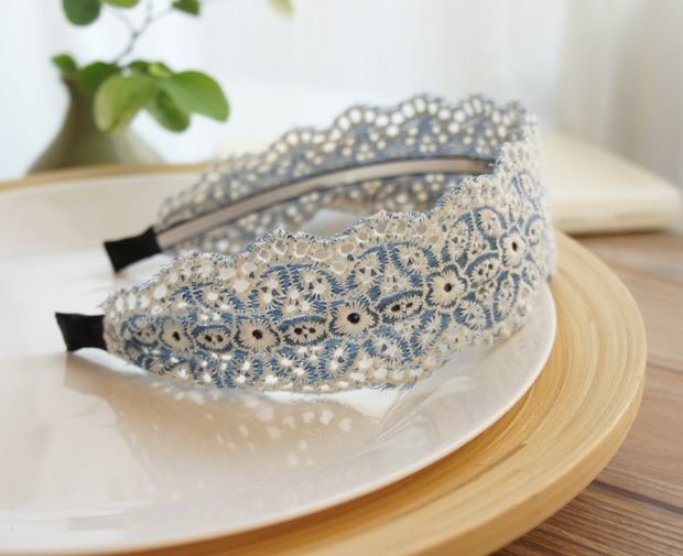 Denim blue white lace floral headband