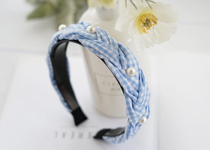 Gingham braided headband with white pearls