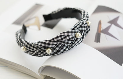 Gingham braided headband with white pearls