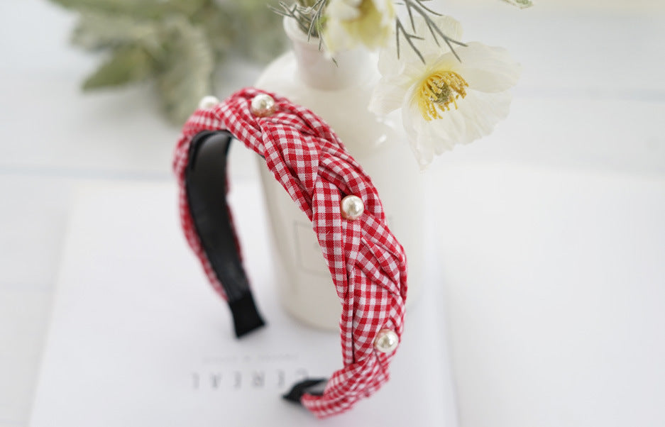 Gingham braided headband with white pearls