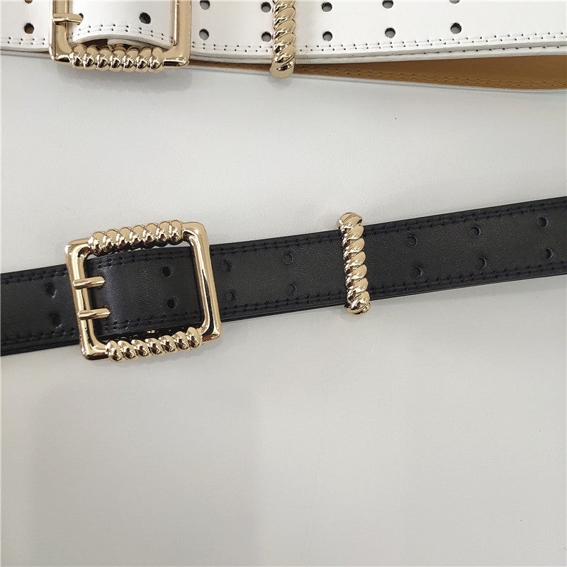Leather wide belt with double buckles