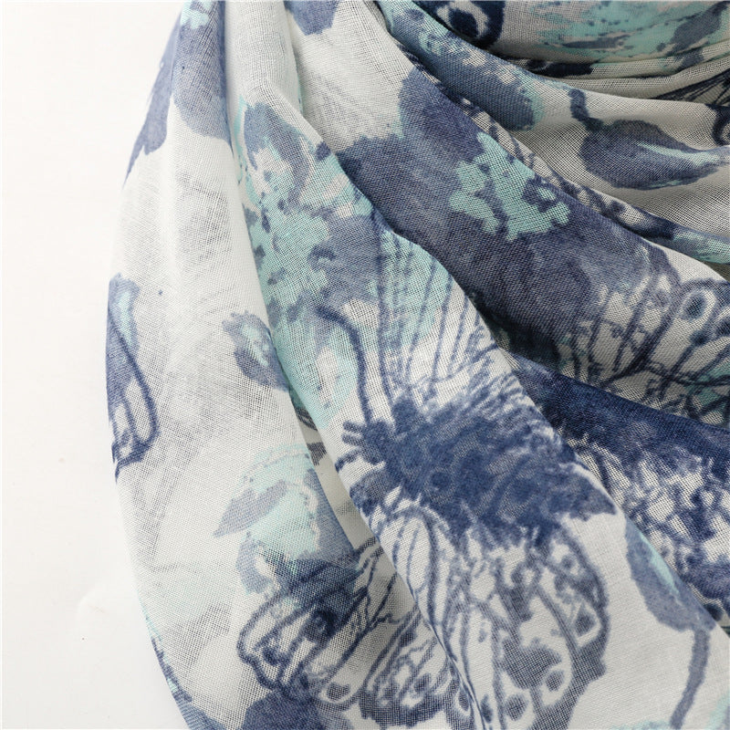 Water paint blue butterflies prints scarf with tassels