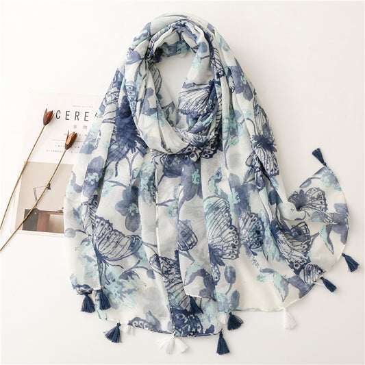 Water paint blue butterflies prints scarf with tassels